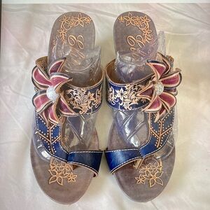 Blue leather wedge sandals